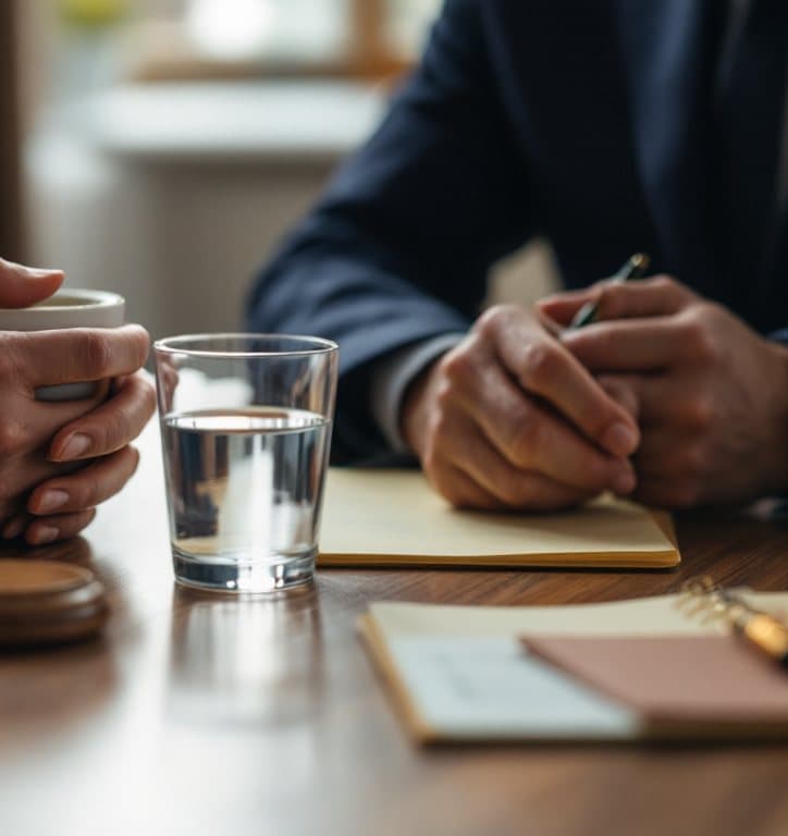 Across a wooden table, a client’s hands hold a cup while an attorney’s hand rests a pen on a legal pad, listening