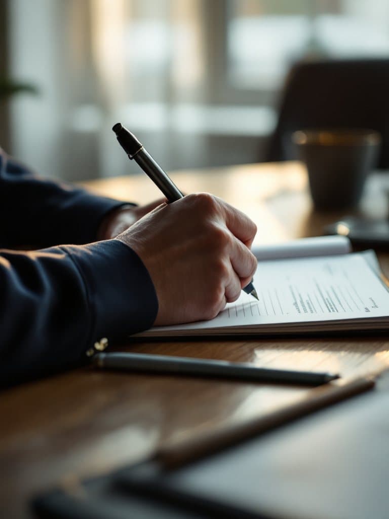 A hand in a navy suit cuff writing careful notes on a legal pad during a meeting