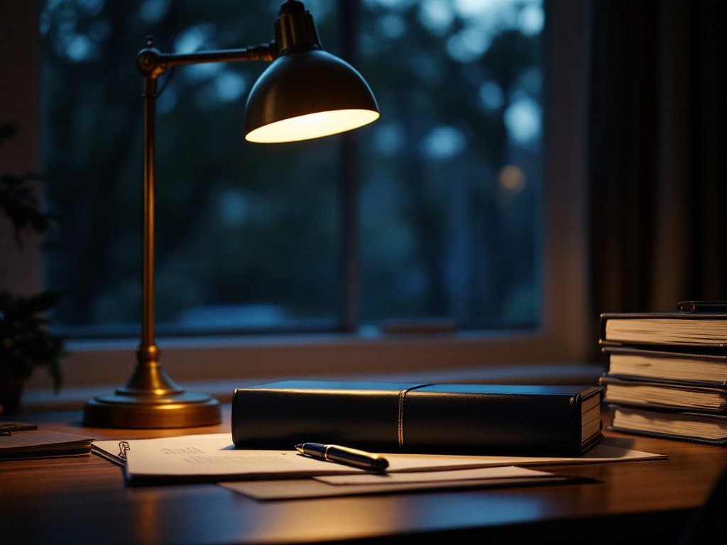A brass desk lamp lighting a closed navy folder and a stack of binders on a desk at dusk